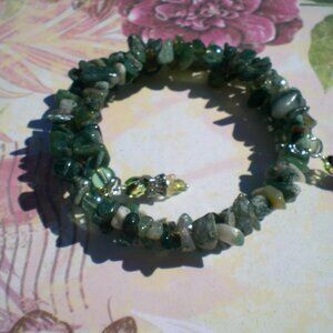 Moss Agate Stone Chip Coil Wrap Bracelet